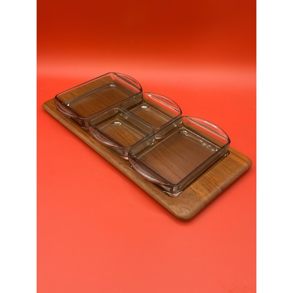 Mid Century Modern Digsmed Danish Teak 14" Serving Tray With Smokey Glass Bowls